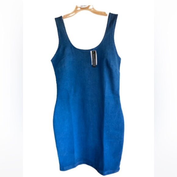 RETROD Dress sleeveless denim stretchy back zip kick pleat Bodycon fitted medium - Picture 4 of 16